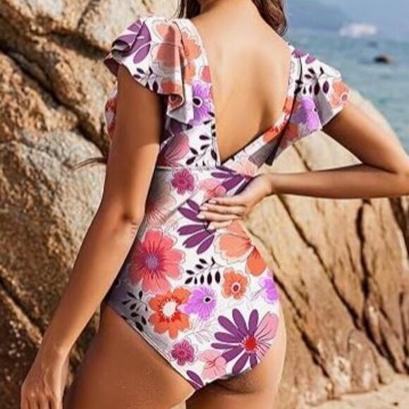 AI'MAGE Brand Women's XXL NWT Ruffle One Piece Swimsuit Orange & Purple Floral - Picture 2 of 5